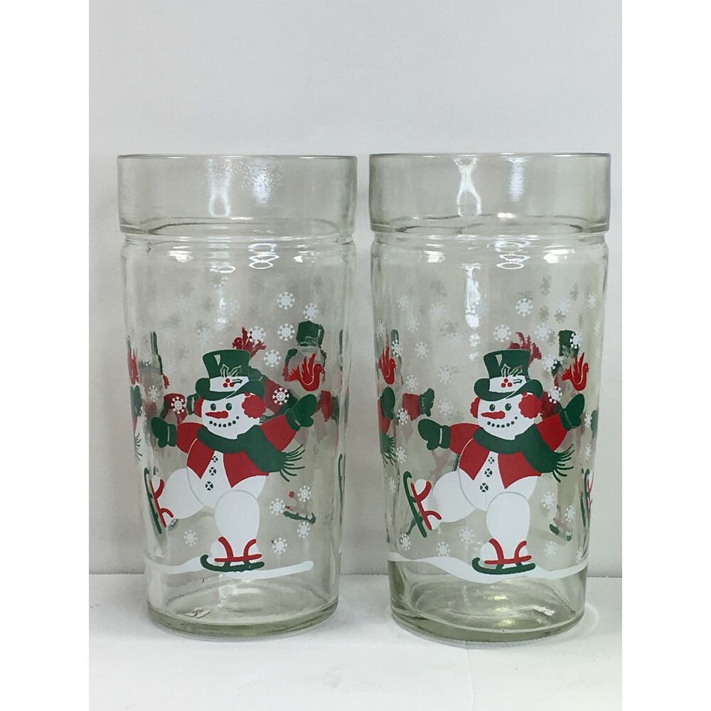 Snowman Glasses 2 Vintage Thick-Walled Drinking Tumblers Skating Snowmen